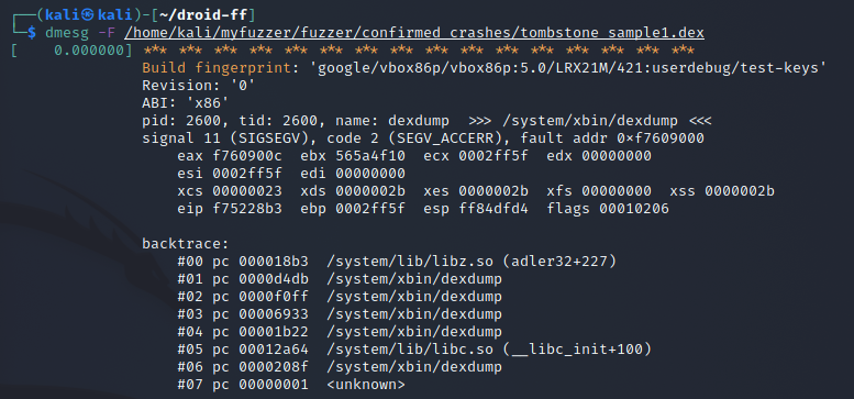 Crash detected in dmesg output