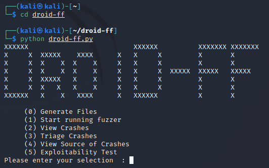Droid-FF fuzzer menu