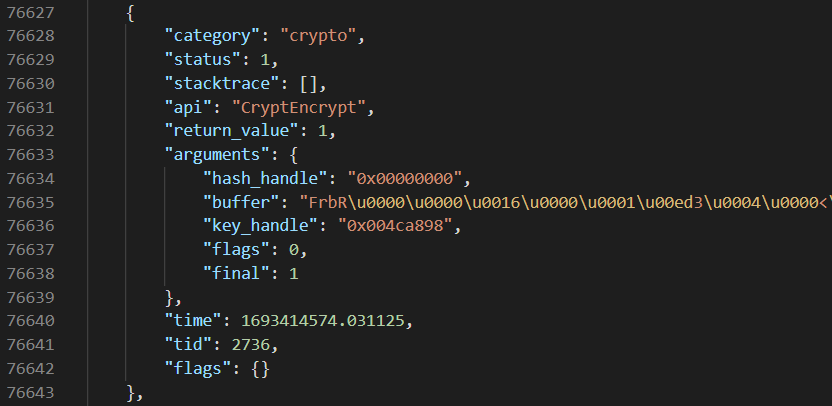 Cuckoo log — CryptEncrypt API call