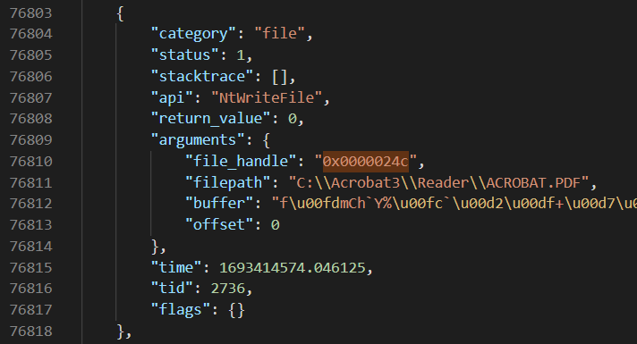 Cuckoo log — NtWriteFile (encrypted output)