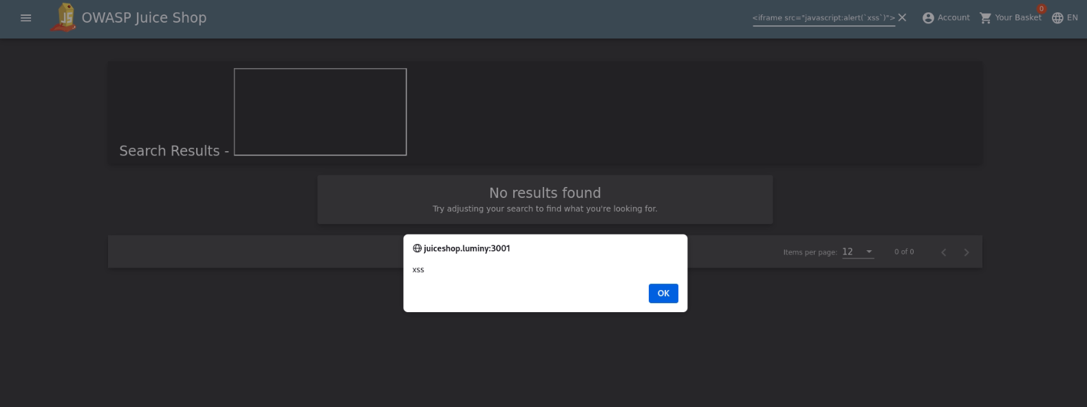 XSS alert triggered in Juice Shop search